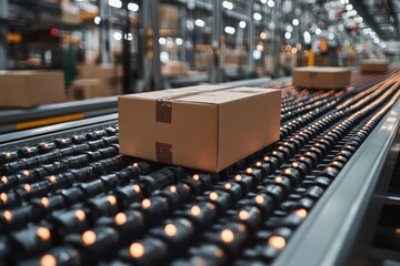Poster - Package moving along a conveyor belt in a busy distribution center filled with boxes and goods during daytime operations