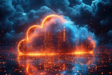 Poster - Digital cloud formation with glowing city skyline under dramatic stormy sky at night