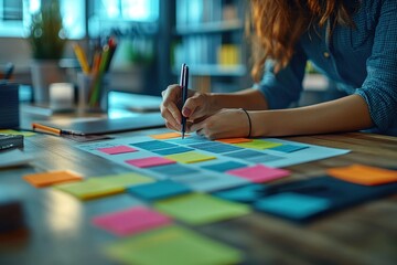Poster - Creative brainstorming session with colorful sticky notes in a modern office environment