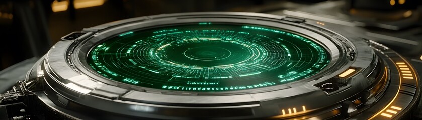 Poster - Circular futuristic technological device with glowing green display.