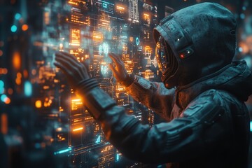 Poster - Astronaut interacts with high-tech interface in futuristic environment at night