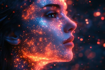 Poster - Face illuminated by cosmic patterns in a dark environment showcasing beauty and wonder