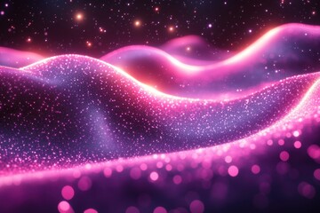Poster - Captivating abstract landscape of glowing waves in vibrant pink and purple hues with sparkling details at night