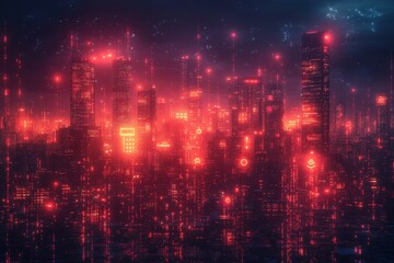 Poster - Cityscape illuminated by vibrant red lights and digital elements creates a futuristic atmosphere at night