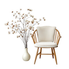 Wall Mural - An elegant wooden chair sits near a vase of dried flowers on white background.