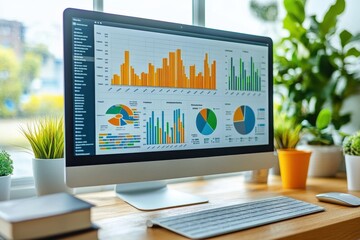 Poster - Data analysis displayed on a modern computer screen near plants in a well-lit workspace