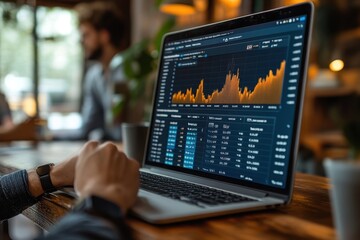 Poster - Analyzing market trends using financial data on a laptop in a cozy workspace