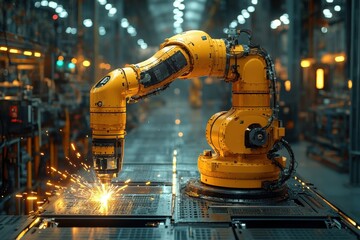 Poster - Industrial robot operating in a manufacturing facility during a busy workday, creating sparks while welding metal components