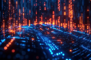 Poster - Colorful digital landscape showcasing vibrant blue and orange data streams flowing over a futuristic grid at night