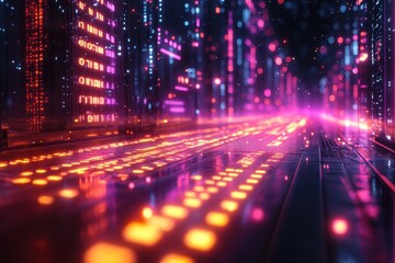 Poster - Vibrant digital cityscape illuminated by neon lights at night with a futuristic feel