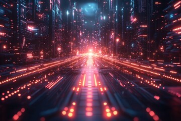 Poster - Vibrant neon cityscape showcasing futuristic pathways illuminated by bright lights at twilight