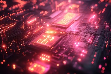 Poster - Vibrant close-up of a circuit board illuminated with glowing lights and intricate patterns