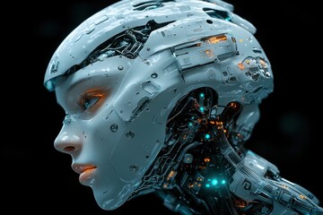 Poster - Futuristic robot head showcasing advanced technology and intricate details in a high-tech environment
