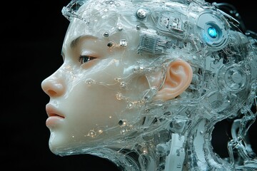 Poster - Futuristic humanoid robotics design featuring intricate details and transparent materials in a close-up view