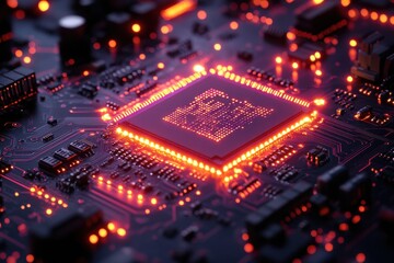 Poster - Electric red circuitry highlights intricate details of a computer chip in a high-tech environment