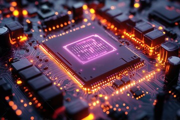 Poster - Advanced microprocessor and circuit board illuminated with bright orange LEDs at close range showcasing modern technology