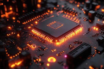 Poster - Close-up view of a motherboard with glowing circuitry highlighting technology at night