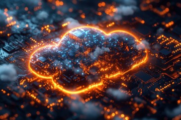 Poster - Digital cloud technology with glowing circuits and illuminated data on a circuit board