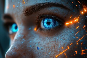 Poster - Digital art portrays a futuristic woman with glowing blue eyes and intricate data patterns on her skin in a cybernetic setting