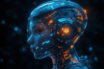 Poster - Futuristic robotic figure with glowing features and advanced technology in a dark environment