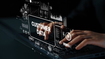 Poster - Hands Typing on Laptop with Transparent Customer Data Analytics Interface and Digital Graphic Elements. Asymptotic smart data analytic.