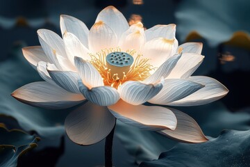 Poster - Stunning lotus flower blooming gracefully in tranquil water during early morning light