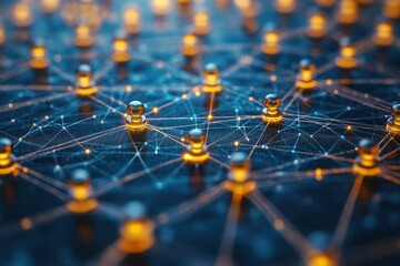 Poster - Technology nodes interconnected by glowing lines on a dark background representing digital networks and data flow