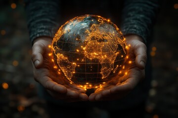 Poster - Hands holding a glowing globe with illuminated continents in a dark environment showcasing global connectivity