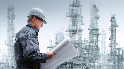 Poster - Engineer Reviewing Plans at Petroleum Refinery with Industrial Background