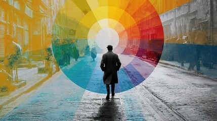 Poster - Colorful City Street Art Design with Color Wheel and Figure Walking