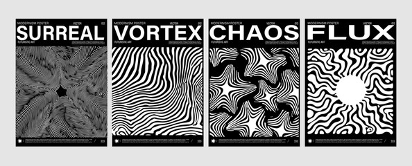 Aufkleber - Set of four black and white vector posters in optical art style, with hypnotic lines forming illusions, spirals, waves, and vortex patterns. Modern, bold, and trending in contemporary design.