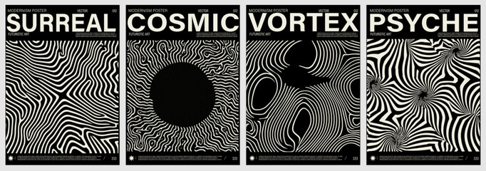 Aufkleber - Set of four black and white vector posters in optical art style, with hypnotic lines forming illusions, spirals, waves, and vortex patterns. Modern, bold, and trending in contemporary design.