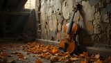 Vintage violin with autumn leaves on wooden surface | Classical music still life, musical instrument photography, nostalgic autumn composition, string instrument with fall foliage