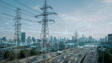 Poster - High Voltage Power Lines Over Urban Landscape with Smart City Concept
