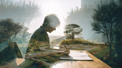 Poster - Double Exposure Landscape with Architect Working on Master Plan