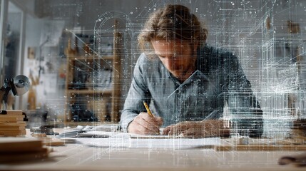 Fototapete - Architect Creating 3D Model Overlay in Design Workspace Environment