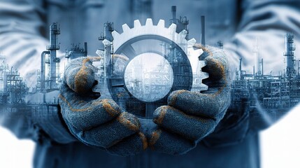 Poster - Industrial Worker Holding Gear in Hands with Factory Background
