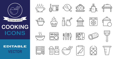 Fototapete - Cooking thin line art icons set. Cooking related outline icons symbol website design. Set of hand drawn cooking icons isolated on white background. Cooking editable symbol sign. Vector illustration.
