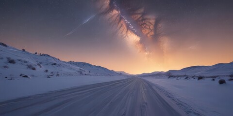 Wall Mural - Serene snow road, sunrise paints sky, Milky Way arcs above ,  road,  night