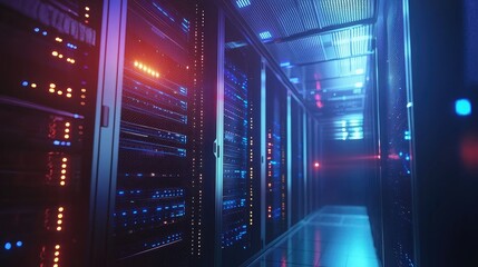 Fototapete - High-tech data center with glowing server racks illuminated in red and blue lights, showcasing digital infrastructure, ideal for IT, cloud, and cybersecurity themes