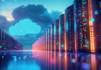 Poster - Digital cloud icon floats above glowing servers with colorful data lights and reflections under a blue sky, perfect for cloud computing, storage, or futuristic tech visuals