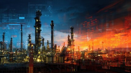 Poster - Digital Control Panel in Oil Refinery at Sunset with Double Exposure