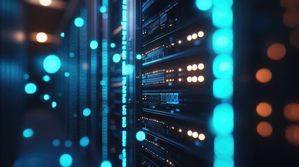 Fototapete - Server racks with glowing blue and orange lights surrounded by floating digital particles in a dark corridor, ideal for futuristic cloud technology, data, or cyber systems