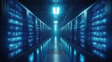 Poster - Futuristic data center corridor lined with glowing blue server racks under bright LED lights. Ideal for cloud computing, cybersecurity, and tech infrastructure themes