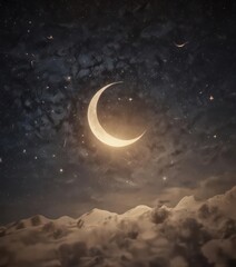 Wall Mural - stylized starry sky, aged paper backdrop, crescent moon, cosmic swirls, star clusters , mystical, wh