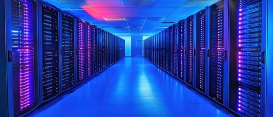 Rows of illuminated servers in a modern data center.
