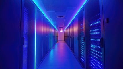 Poster - Symmetrical modern data center with glowing blue and purple lighting, showing secure server racks, perfect for cloud computing, cybersecurity, and digital technology topics