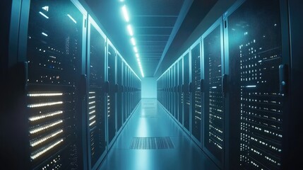 Poster - Brightly lit data center hallway with blue ambient lighting and mesh-covered server racks, ideal for visuals related to cloud systems, networking, and IT infrastructure