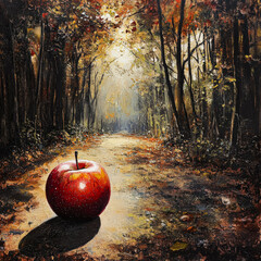 Wall Mural - red apple is sitting on the ground in a forest