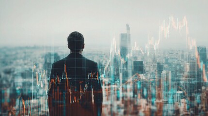 Poster - Financial Analyst Observing Market Trends with Cityscape Background